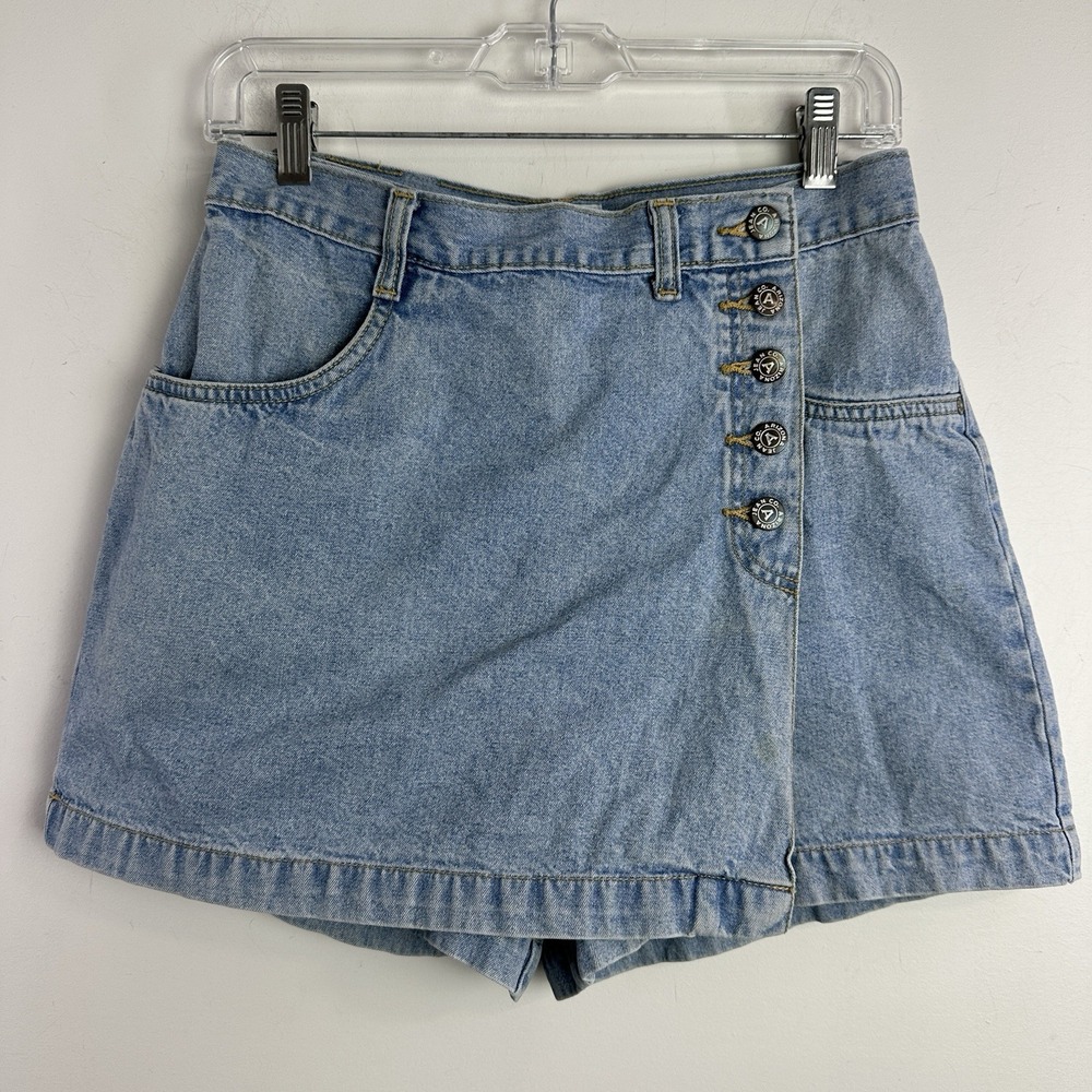 Vintage Arizona 90s Y2K Blue Denim Wrap Skirt Front Shorts Back Sz 9 Jean Skort